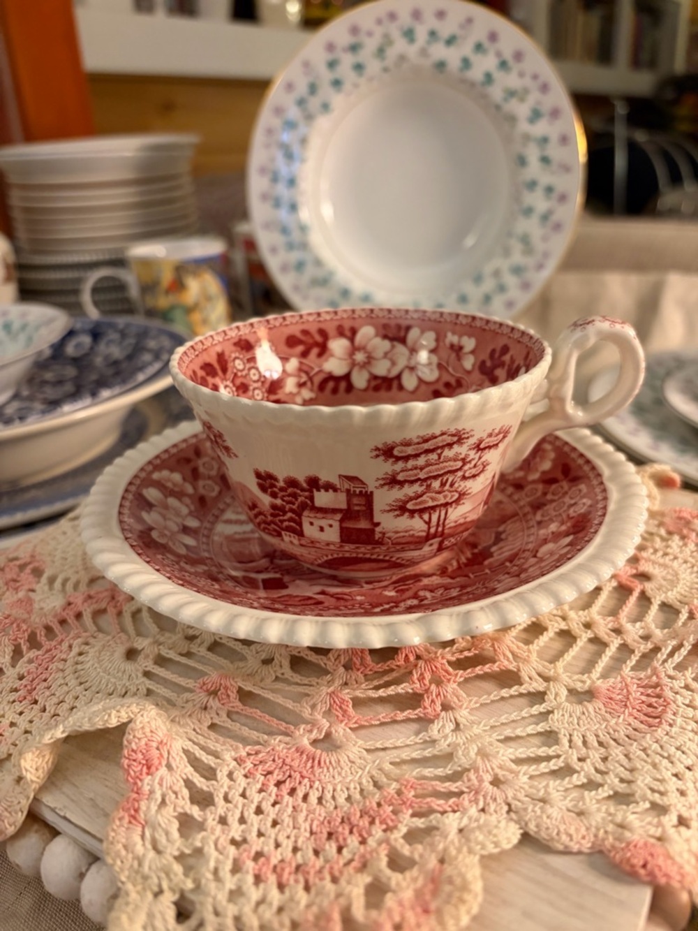 Vintage Red Spode Transferware Teacup and Saucer Set
